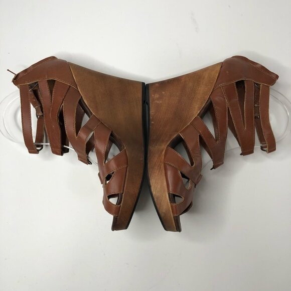 Restricted Camel Brown Strappy Cutout Wooden Platform Wedge Sandals Shoes - Picture 4 of 16